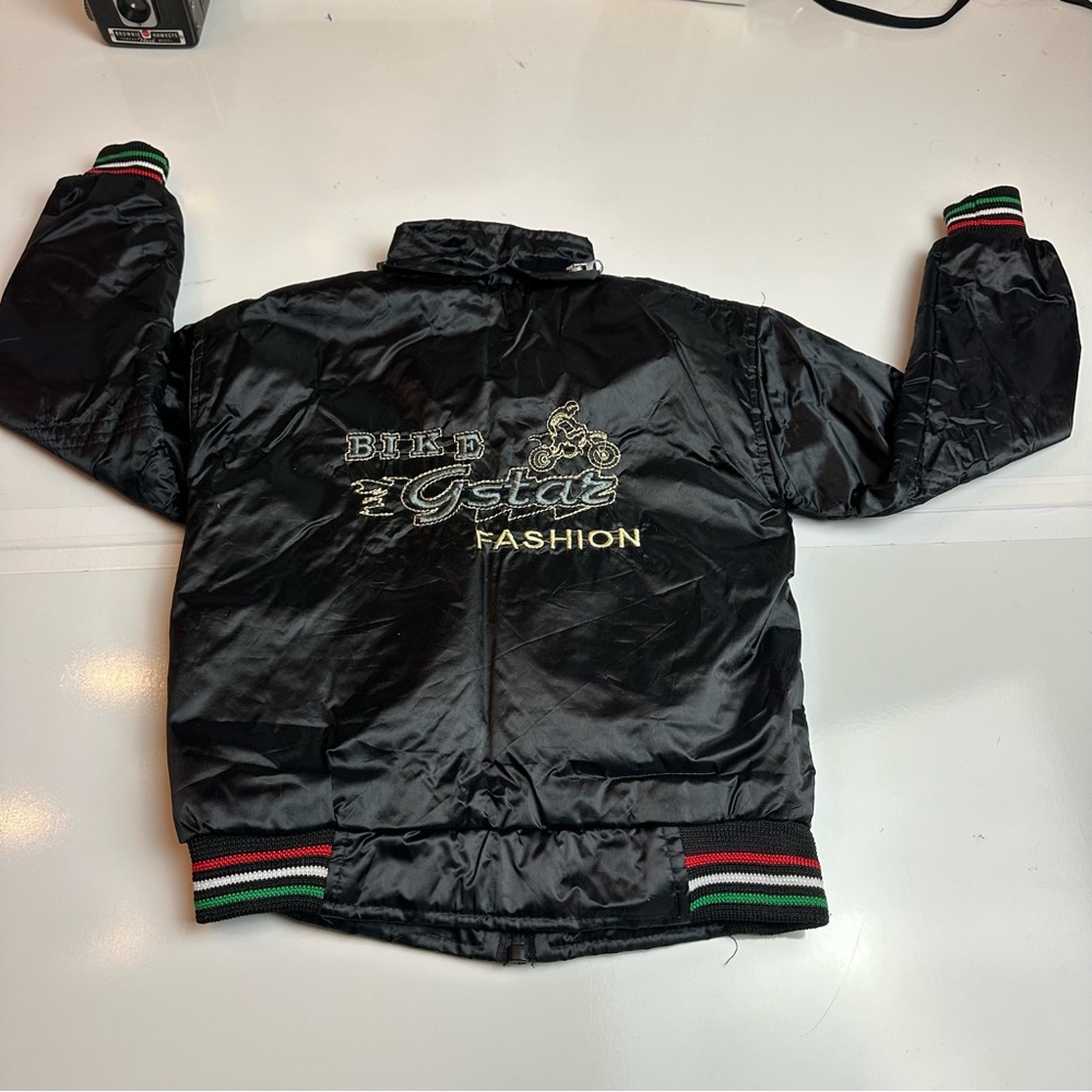 Y2K Moto Puffer Jacket | Kids Racing Stripe Embroidered Black Nylon Coat 3T-4T - Picture 4 of 11